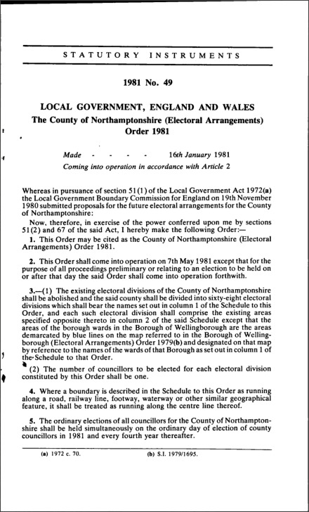 The County of Northamptonshire (Electoral Arrangements) Order 1981