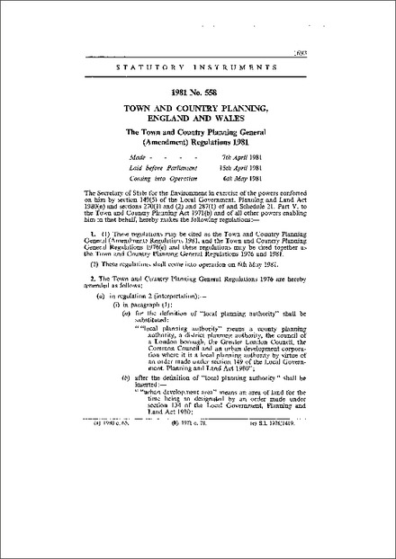 The Town and Country Planning General (Amendment) Regulations 1981