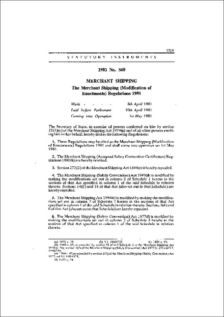 The Merchant Shipping (Modification of Enactments) Regulations 1981