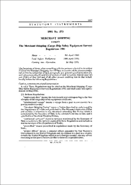 The Merchant Shipping (Cargo Ship Safety Equipment Survey) Regulations 1981
