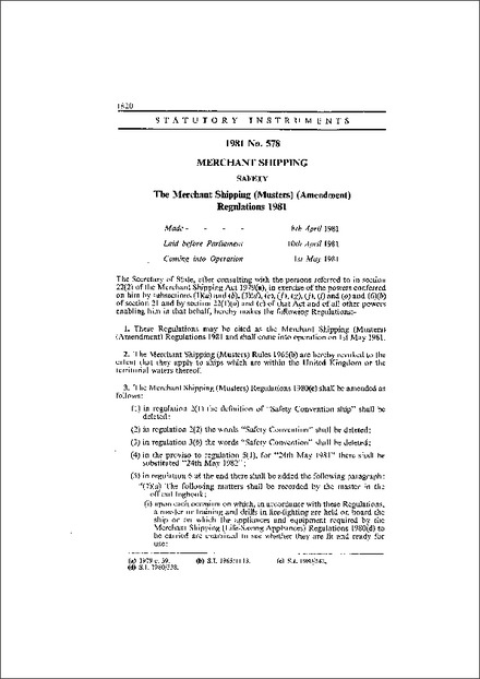 The Merchant Shipping (Musters) (Amendment) Regulations 1981
