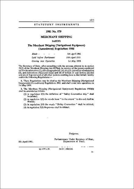 The Merchant Shipping (Navigational Equipment) (Amendment) Regulations 1981