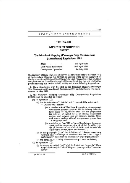 The Merchant Shipping (Passenger Ship Construction) (Amendment) Regulations 1981