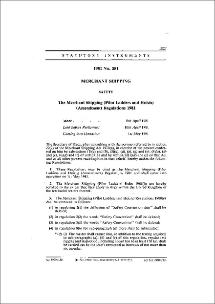 The Merchant Shipping (Pilot Ladders and Hoists) (Amendment) Regulations 1981