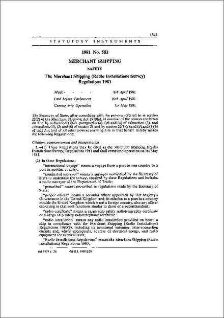 The Merchant Shipping (Radio Installations Survey) Regulations 1981