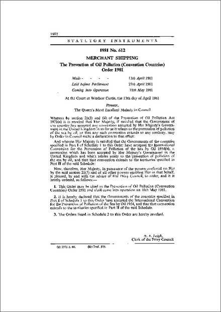The Prevention of Oil Pollution (Convention Countries) Order 1981