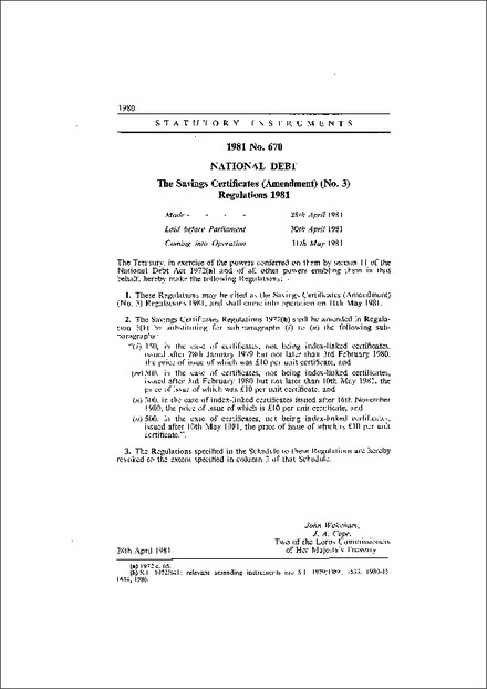 The Savings Certificates (Amendment) (No. 3) Regulations 1981