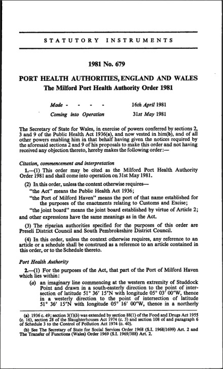 The Milford Port Health Authority Order 1981