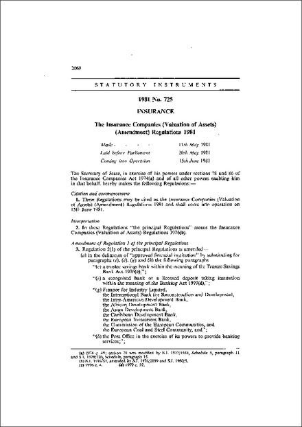 The Insurance Companies (Valuation of Assets) (Amendment) Regulations 1981