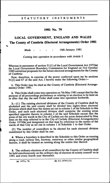 The County of Cumbria (Electoral Arrangements) Order 1981
