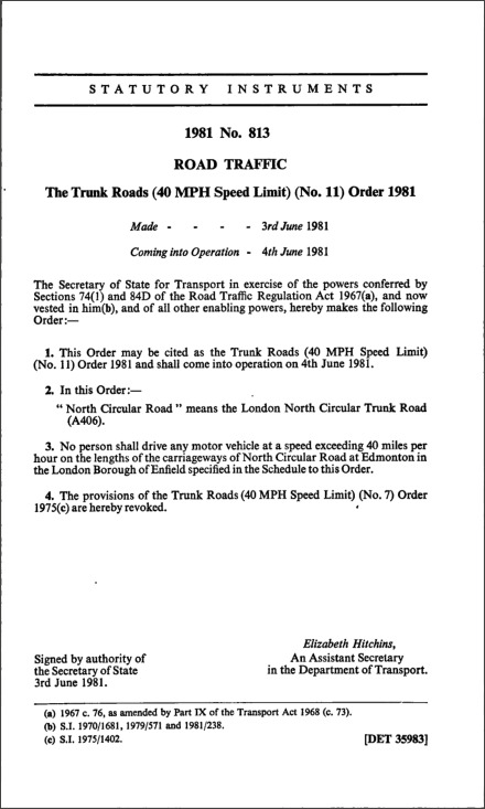 The Trunk Roads (40 MPH Speed Limit) (No. 11) Order 1981