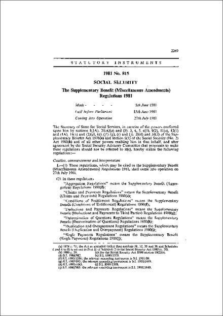 The Supplementary Benefit (Miscellaneous Amendments) Regulations 1981