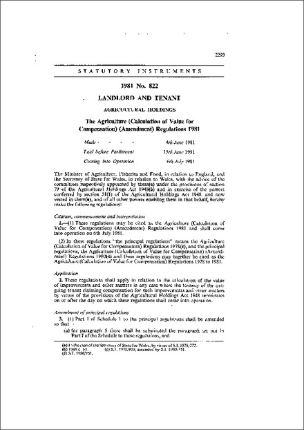 The Agriculture (Calculation of Value for Compensation) (Amendment) Regulations 1981