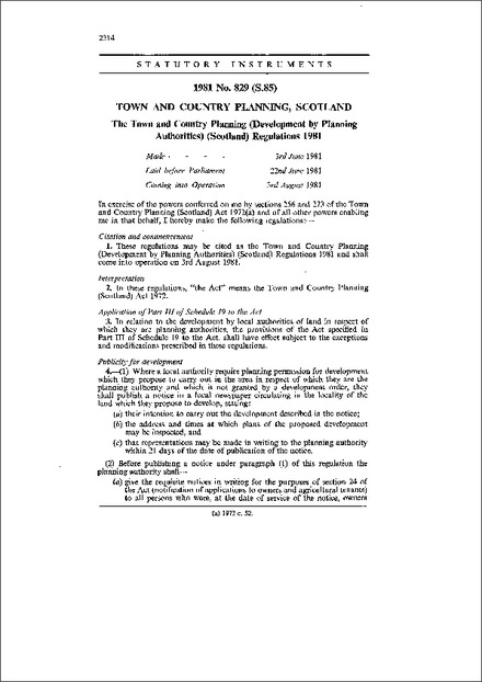 The Town and Country Planning (Development by Planning Authorities) (Scotland) Regulations 1981