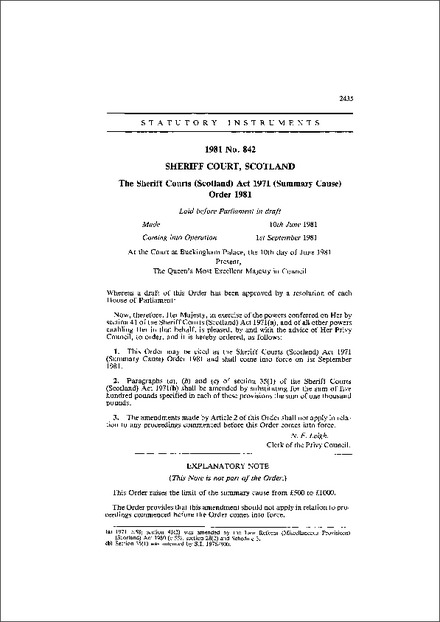 The Sheriff Courts (Scotland) Act 1971 (Summary Cause) Order 1981
