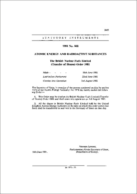 The British Nuclear Fuels Limited (Transfer of Shares) Order 1981