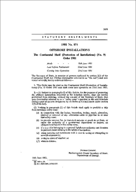 The Continental Shelf (Protection of Installations) (No. 9) Order 1981