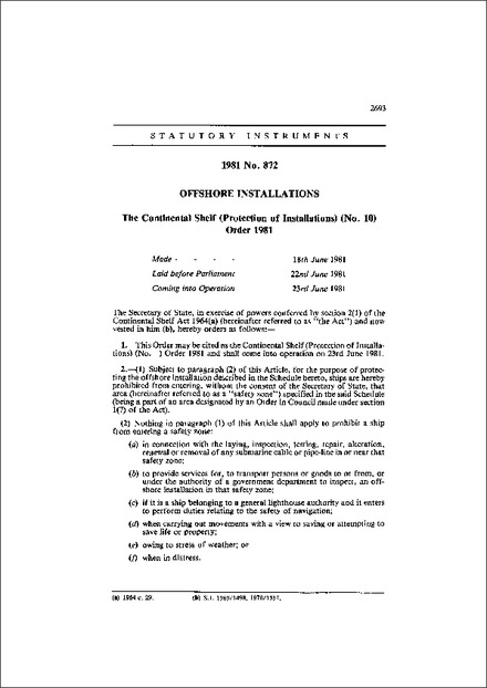 The Continental Shelf (Protection of Installations) (No. 10) Order 1981