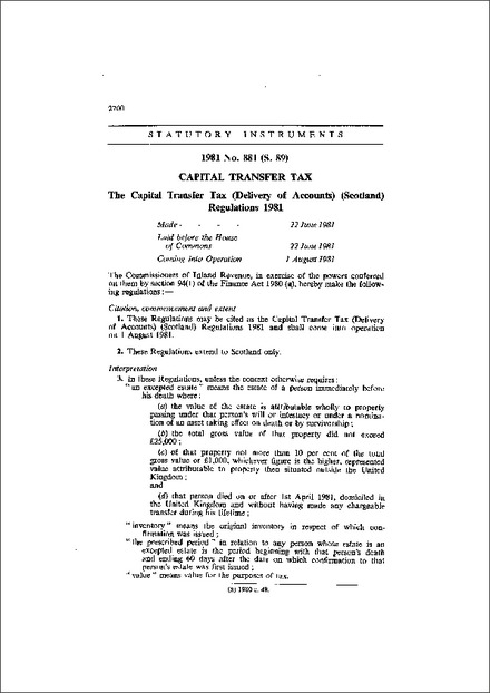 The Capital Transfer Tax (Delivery of Accounts) (Scotland) Regulations 1981