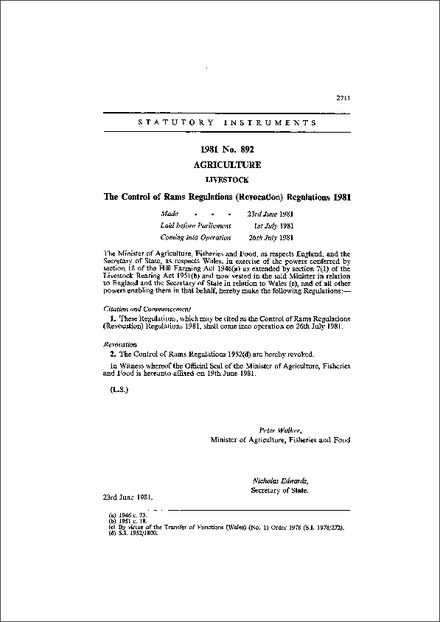 The Control of Rams Regulations (Revocation) Regulations 1981
