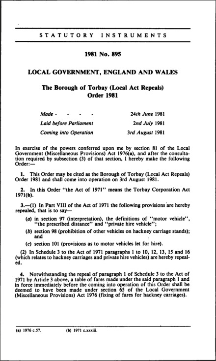 The Borough of Torbay (Local Act Repeals) Order 1981