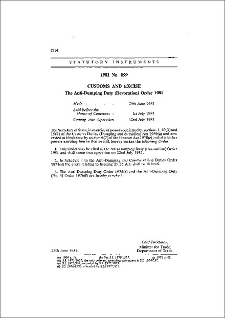 The Anti-Dumping Duty (Revocation) Order 1981