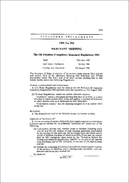 The Oil Pollution (Compulsory Insurance) Regulations 1981