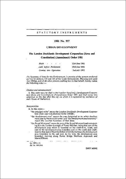 The London Docklands Development Corporation (Area and Constitution) (Amendment) Order 1981