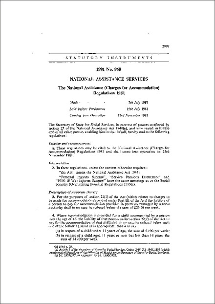 The National Assistance (Charges for Accommodation) Regulations 1981