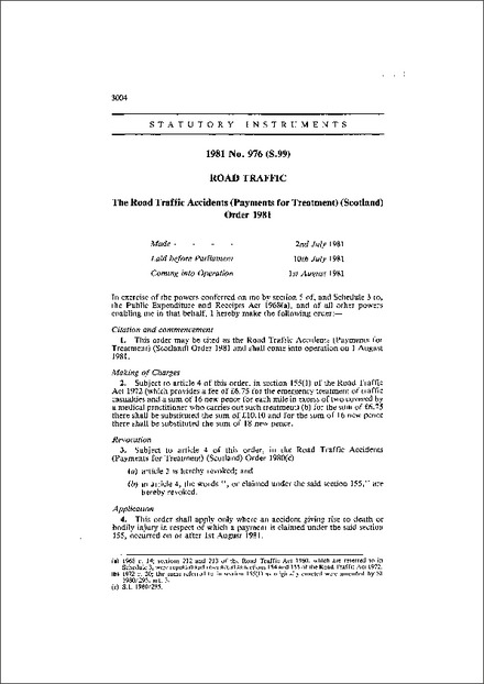 The Road Traffic Accidents (Payments for Treatment) (Scotland) Order 1981
