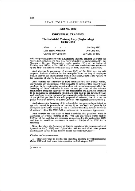 The Industrial Training Levy (Engineering) Order 1982