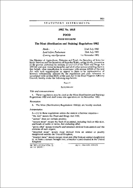 The Meat (Sterilisation and Staining) Regulations 1982