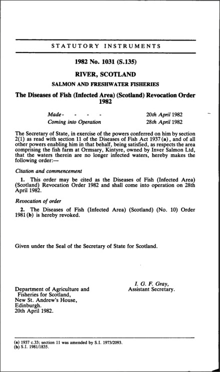 The Diseases of Fish (Infected Area) (Scotland) Revocation Order 1982