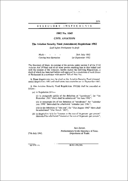 The Aviation Security Fund (Amendment) Regulations 1982