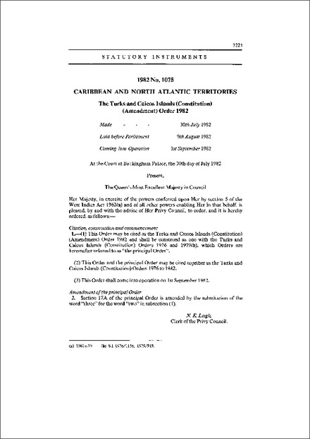 The Turks and Caicos Islands (Constitution) (Amendment) Order 1982