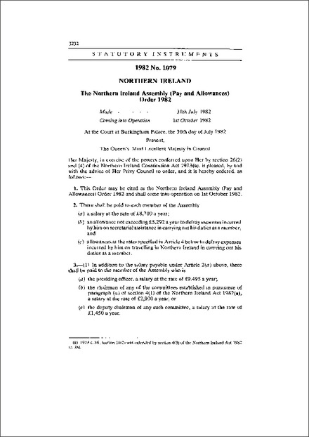 The Northern Ireland Assembly (Pay and Allowances) Order 1982