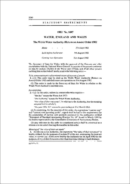 The Welsh Water Authority (Return on Assets) Order 1982