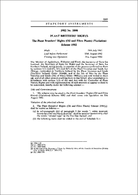 The Plant Breeders' Rights (Oil and Fibre Plants) (Variation) Scheme 1982