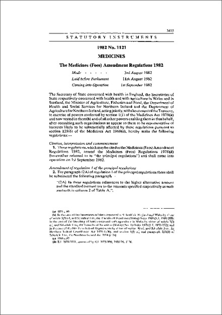 The Medicines (Fees) Amendment Regulations 1982