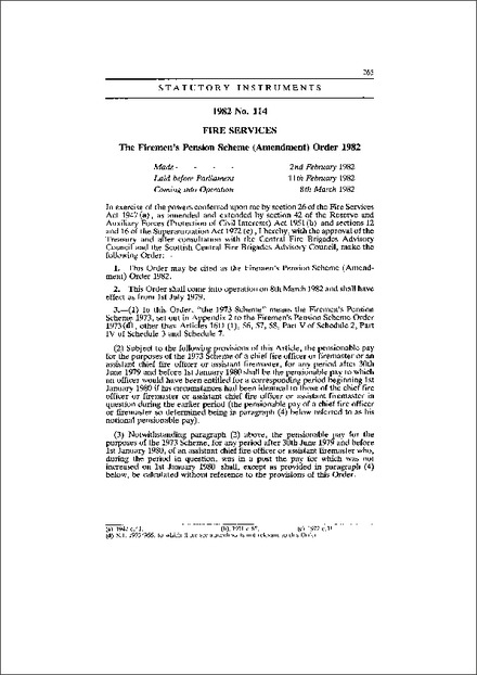 The Firemen's Pension Scheme (Amendment) Order 1982