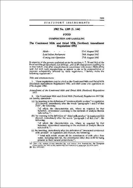 The Condensed Milk and Dried Milk (Scotland) Amendment Regulations 1982