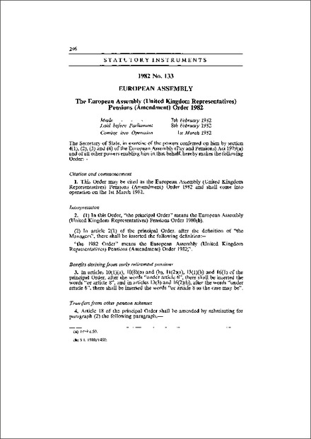 The European Assembly (United Kingdom Representatives) Pensions (Amendment) Order 1982