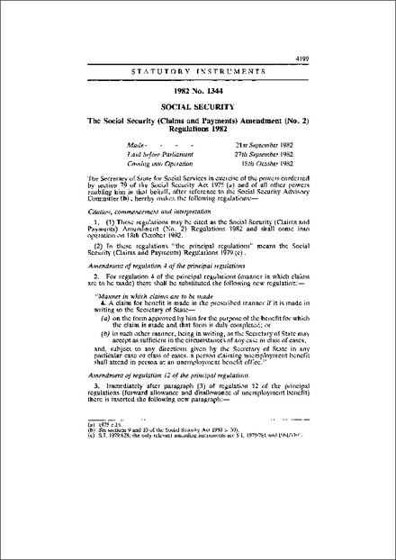 The Social Security (Claims and Payments) Amendment (No. 2) Regulations 1982