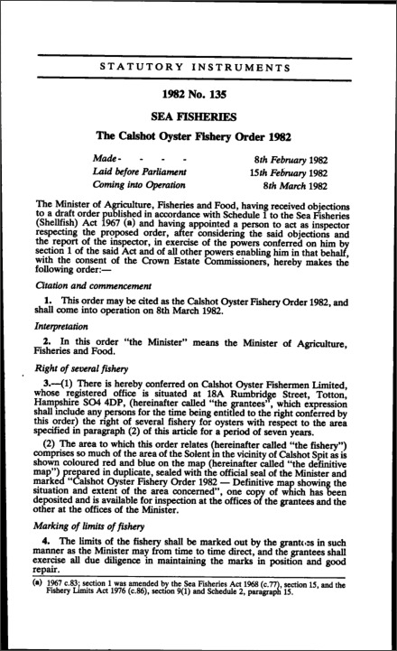 The Calshot Oyster Fishery Order 1982