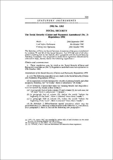 The Social Security (Claims and Payments) Amendment (No. 3) Regulations 1982