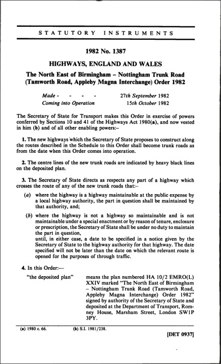 The North East of Birmingham—Nottingham Trunk Road (Tamworth Road, Appleby Magna Interchange) Order 1982