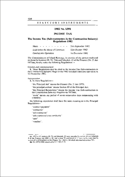 The Income Tax (Sub-contractors in the Construction Industry) Regulations 1982