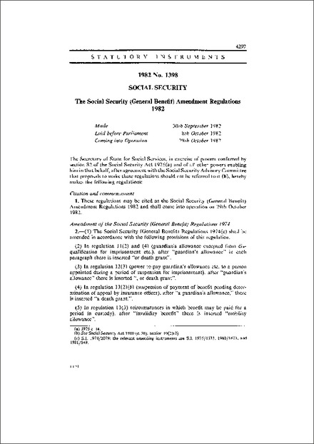 The Social Security (General Benefit) Amendment Regulations 1982