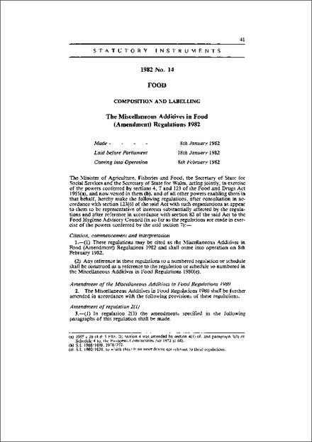 The Miscellaneous Additives in Food (Amendment) Regulations 1982