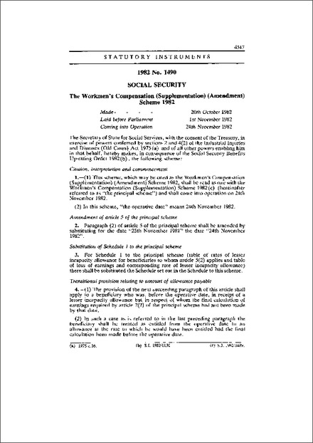The Workmen's Compensation (Supplementation) (Amendment) Scheme 1982